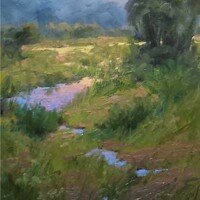 trees, mountains, field and stream landscape painting print