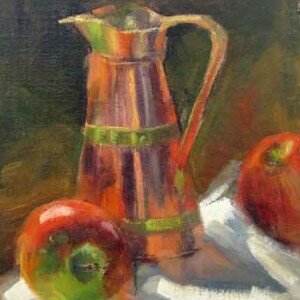 copper and apple still life painting