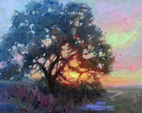 sunset and oak tree painting